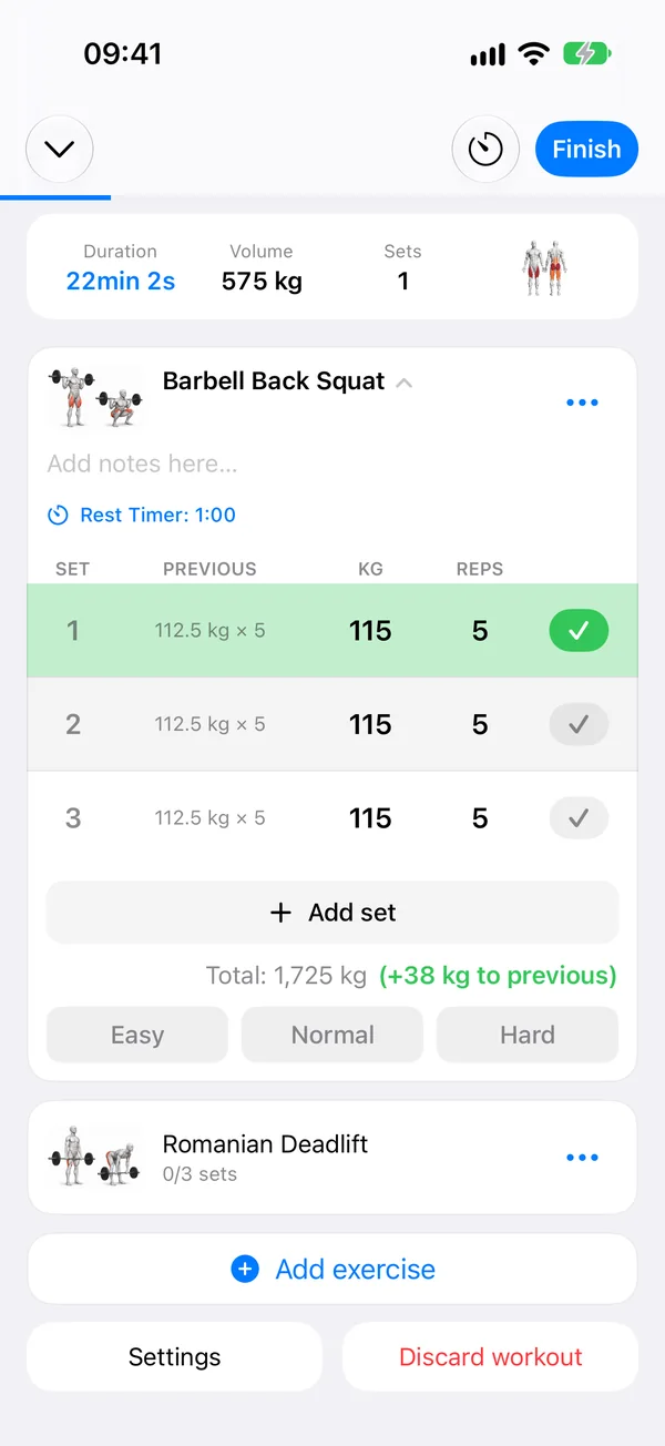 An active workout in Trenno: sets with previous results, one set done