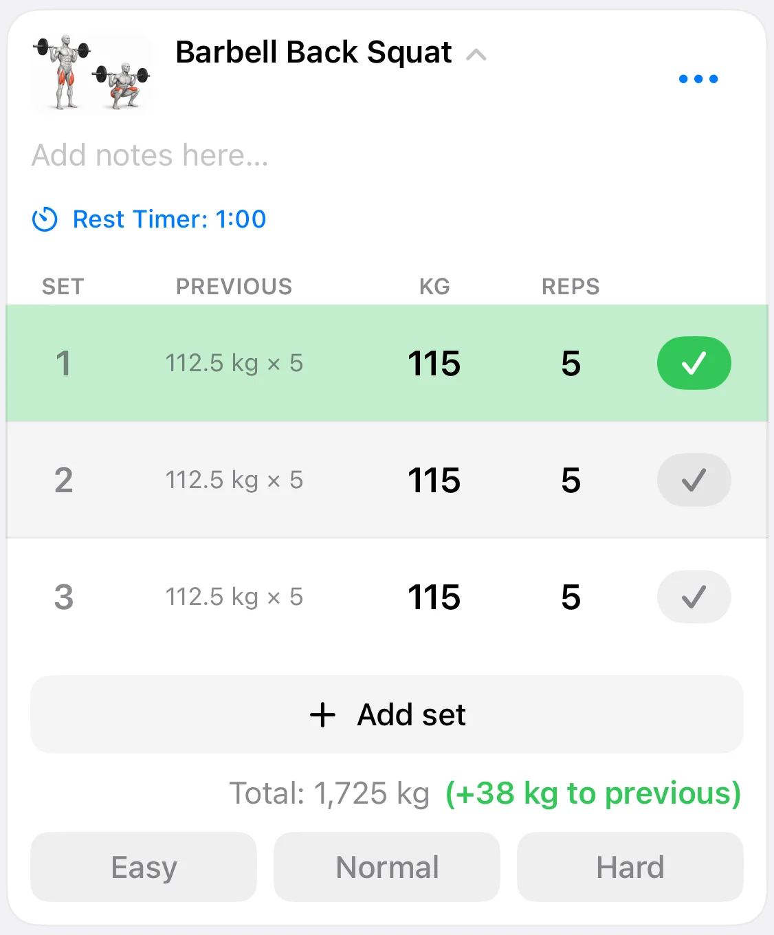 One exercise in an active workout: previous results, weight, reps, a set ticked