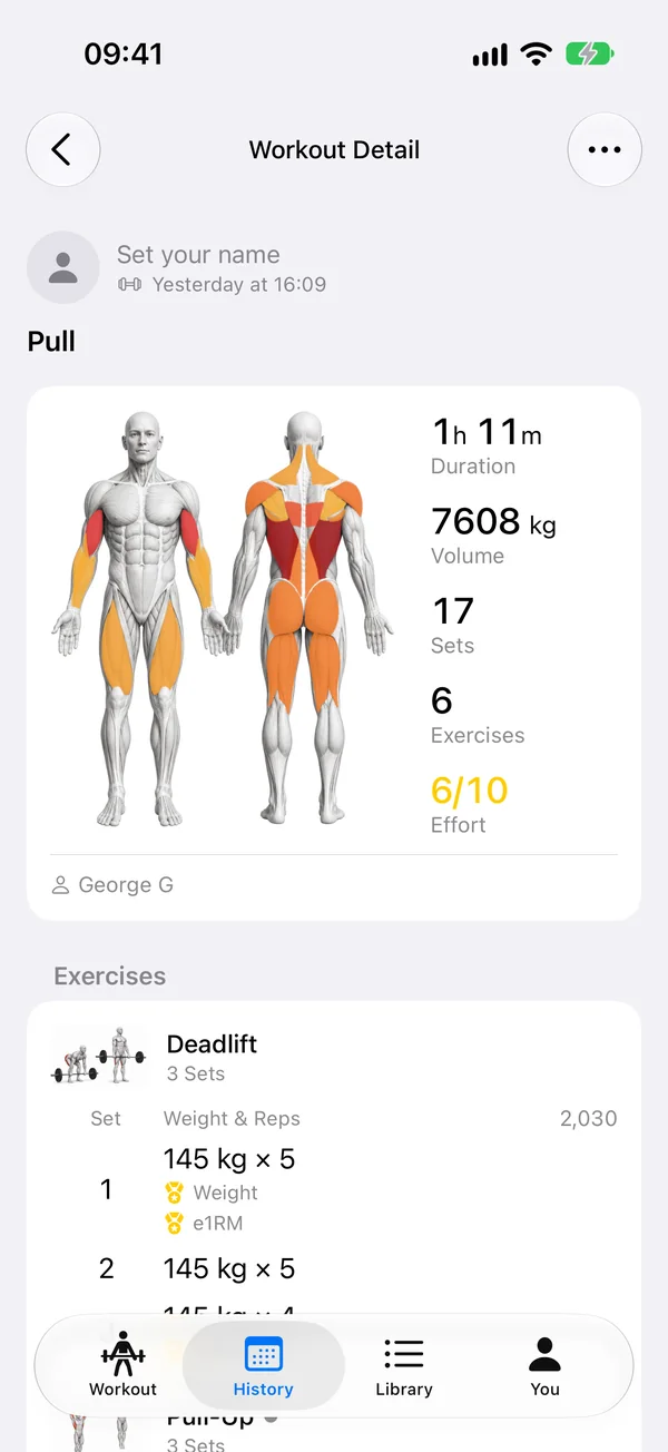 A finished workout in Trenno with its muscle map and totals