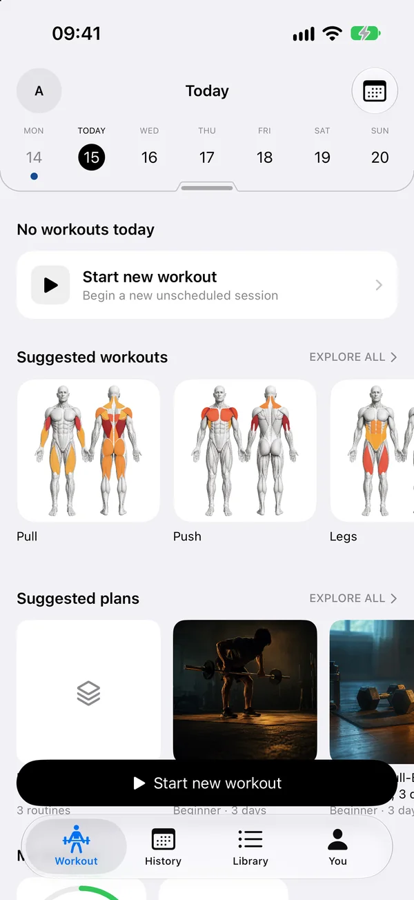 The Workout tab in Trenno: today, suggested workouts and plans